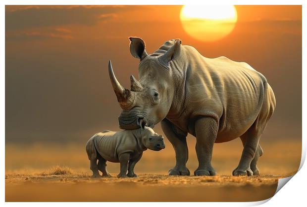 A rhinoceros baby with its mother in the savannah. Print by Michael Piepgras