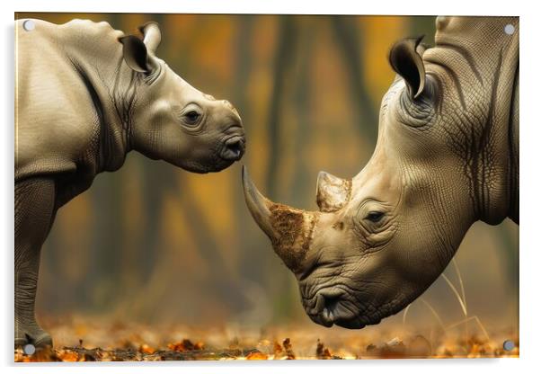 A rhinoceros baby with its mother in the savannah. Acrylic by Michael Piepgras