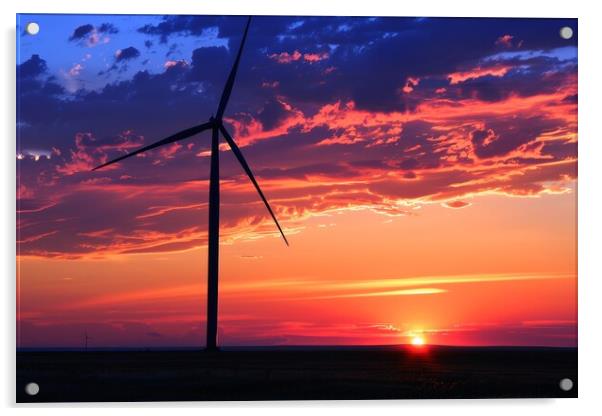 A silhouette of a wind turbine against a vibrant sunset backdrop Acrylic by Michael Piepgras