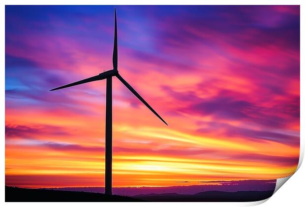 A silhouette of a wind turbine against a vibrant sunset backdrop Print by Michael Piepgras