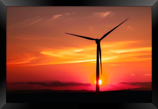 A silhouette of a wind turbine against a vibrant sunset backdrop Framed Print by Michael Piepgras