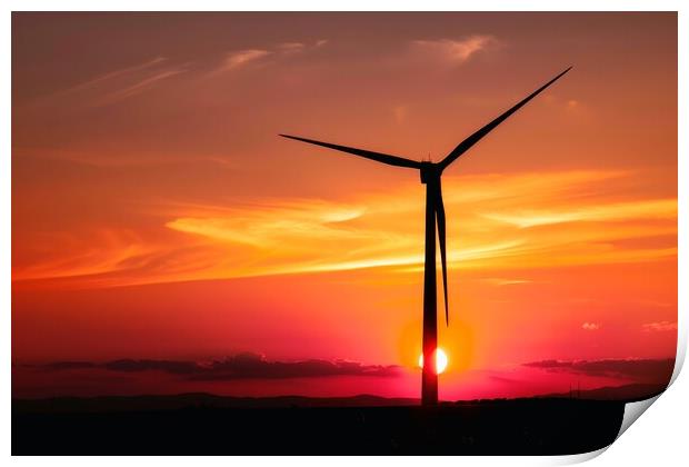 A silhouette of a wind turbine against a vibrant sunset backdrop Print by Michael Piepgras