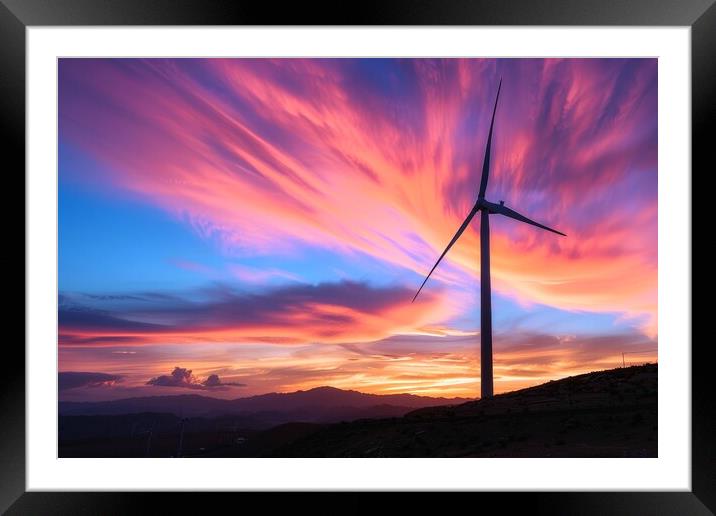 A silhouette of a wind turbine against a vibrant sunset backdrop Framed Mounted Print by Michael Piepgras