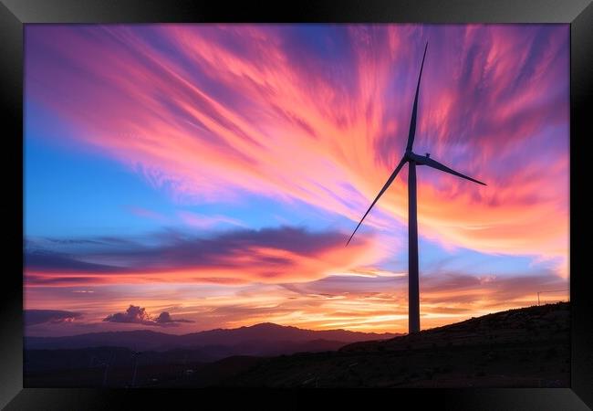 A silhouette of a wind turbine against a vibrant sunset backdrop Framed Print by Michael Piepgras