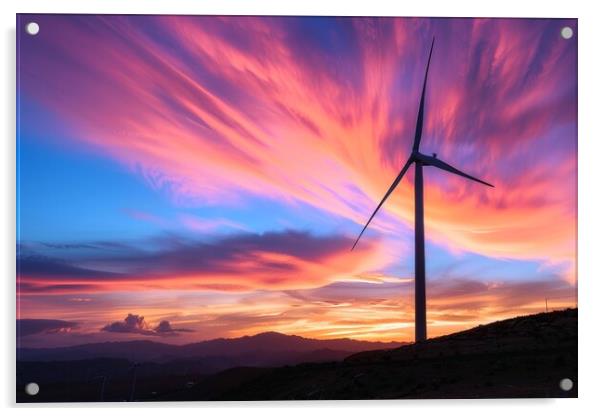 A silhouette of a wind turbine against a vibrant sunset backdrop Acrylic by Michael Piepgras