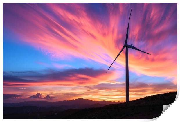 A silhouette of a wind turbine against a vibrant sunset backdrop Print by Michael Piepgras