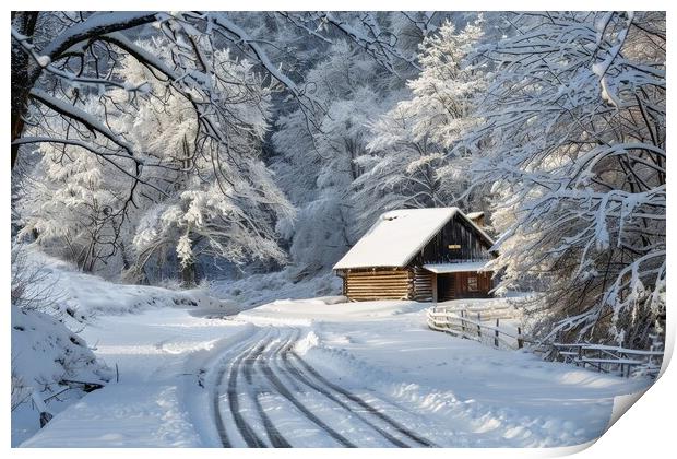 A snowy nordic winter landscape with a wooden house and a small  Print by Michael Piepgras