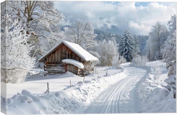 A snowy nordic winter landscape with a wooden house and a small  Canvas Print by Michael Piepgras