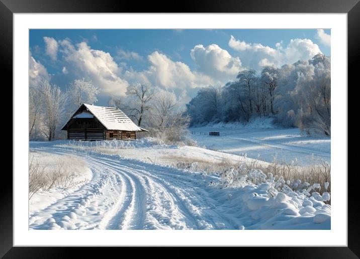 A snowy nordic winter landscape with a wooden house and a small  Framed Mounted Print by Michael Piepgras