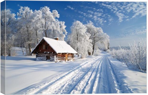 A snowy nordic winter landscape with a wooden house and a small  Canvas Print by Michael Piepgras