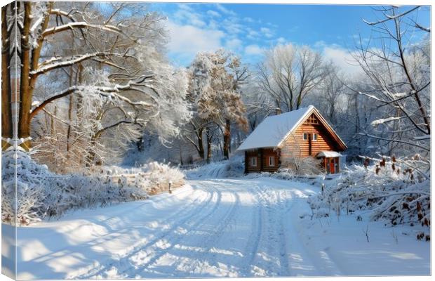 A snowy nordic winter landscape with a wooden house and a small  Canvas Print by Michael Piepgras