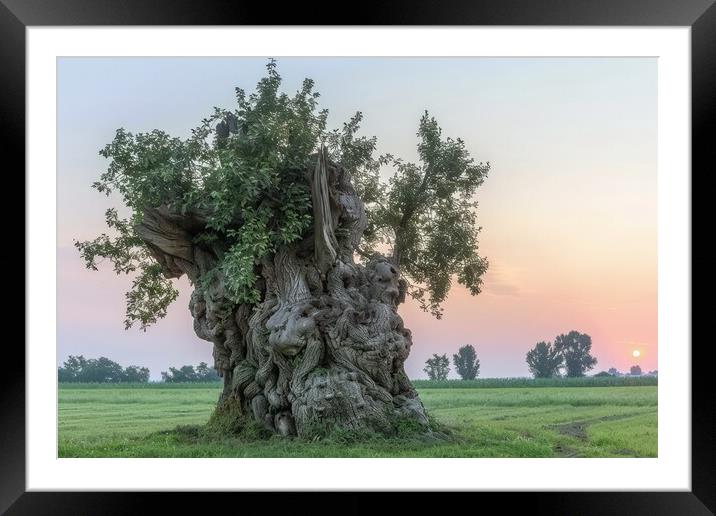 A very old gnarled tree stands in a meadow in the sunset. Framed Mounted Print by Michael Piepgras