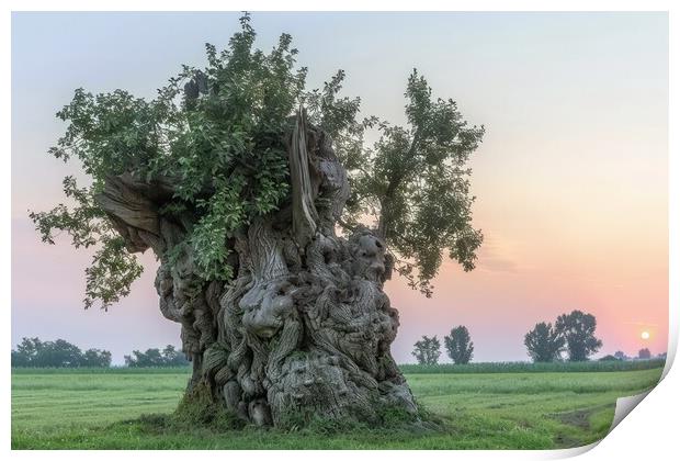 A very old gnarled tree stands in a meadow in the sunset. Print by Michael Piepgras