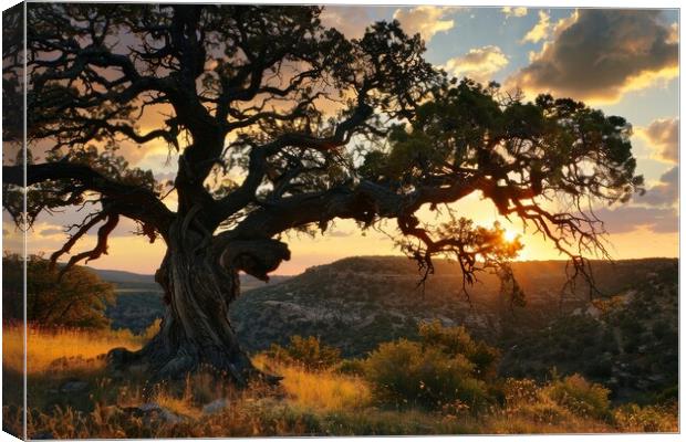 A very old gnarled tree stands in a meadow in the sunset. Canvas Print by Michael Piepgras