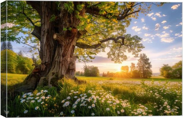 A very old gnarled tree stands in a meadow in the sunset. Canvas Print by Michael Piepgras