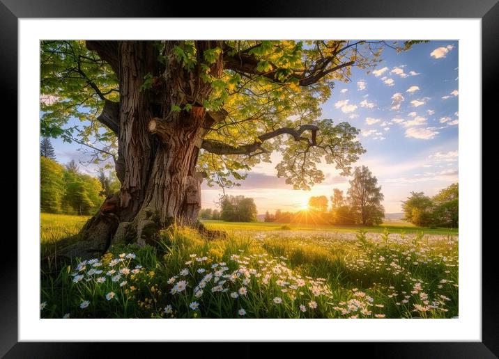 A very old gnarled tree stands in a meadow in the sunset. Framed Mounted Print by Michael Piepgras