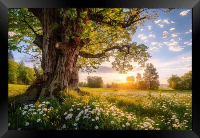 A very old gnarled tree stands in a meadow in the sunset. Framed Print by Michael Piepgras