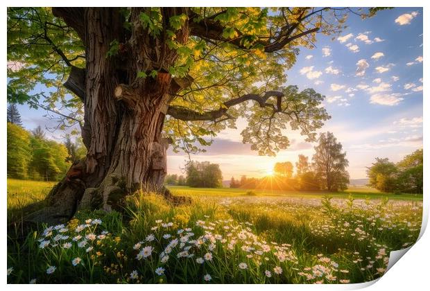 A very old gnarled tree stands in a meadow in the sunset. Print by Michael Piepgras
