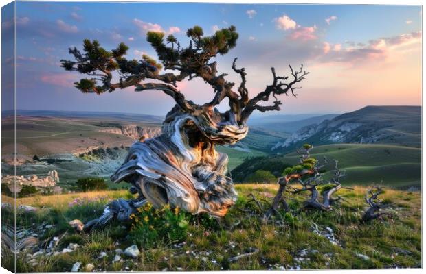 A very old gnarled tree stands in a meadow in the sunset. Canvas Print by Michael Piepgras