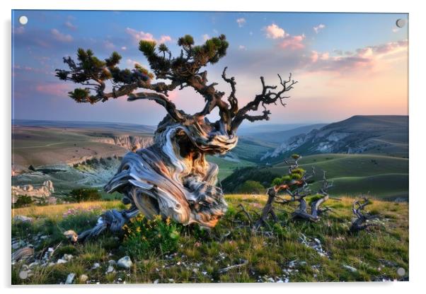 A very old gnarled tree stands in a meadow in the sunset. Acrylic by Michael Piepgras