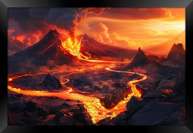 A volcanic eruption with flowing lava in a spectacular landscape Framed Print by Michael Piepgras