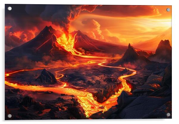 A volcanic eruption with flowing lava in a spectacular landscape Acrylic by Michael Piepgras