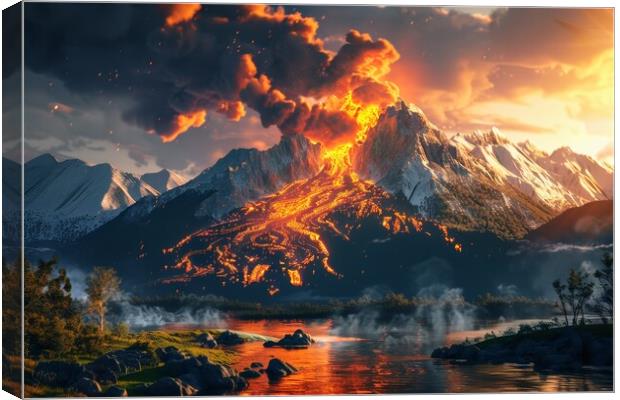 A volcanic eruption with flowing lava in a spectacular landscape Canvas Print by Michael Piepgras