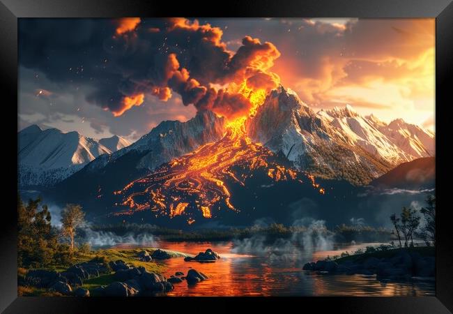 A volcanic eruption with flowing lava in a spectacular landscape Framed Print by Michael Piepgras
