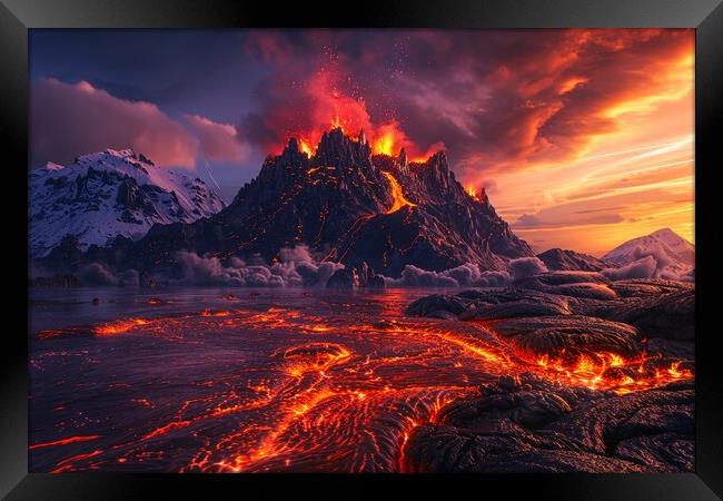 A volcanic eruption with flowing lava in a spectacular landscape Framed Print by Michael Piepgras