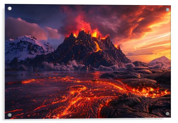 A volcanic eruption with flowing lava in a spectacular landscape Acrylic by Michael Piepgras