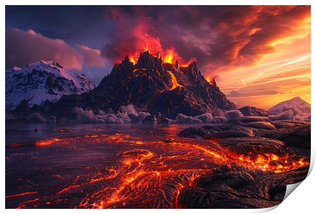 A volcanic eruption with flowing lava in a spectacular landscape Print by Michael Piepgras