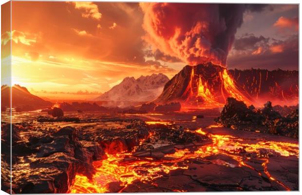 A volcanic eruption with flowing lava in a spectacular landscape Canvas Print by Michael Piepgras