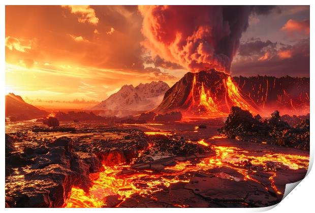 A volcanic eruption with flowing lava in a spectacular landscape Print by Michael Piepgras