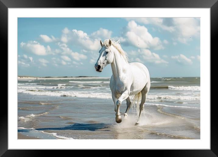 A white horse running at a beach in the sunlight. Framed Mounted Print by Michael Piepgras