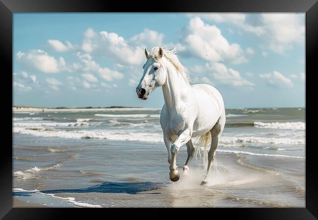 A white horse running at a beach in the sunlight. Framed Print by Michael Piepgras