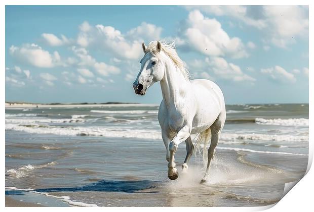 A white horse running at a beach in the sunlight. Print by Michael Piepgras