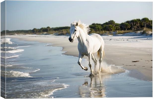 A white horse running at a beach in the sunlight. Canvas Print by Michael Piepgras