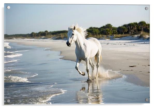 A white horse running at a beach in the sunlight. Acrylic by Michael Piepgras