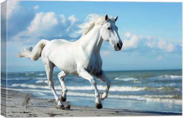 A white horse running at a beach in the sunlight. Canvas Print by Michael Piepgras
