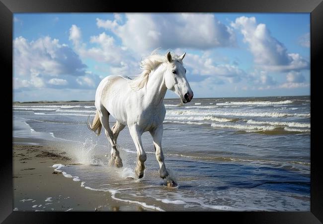 A white horse running at a beach in the sunlight. Framed Print by Michael Piepgras
