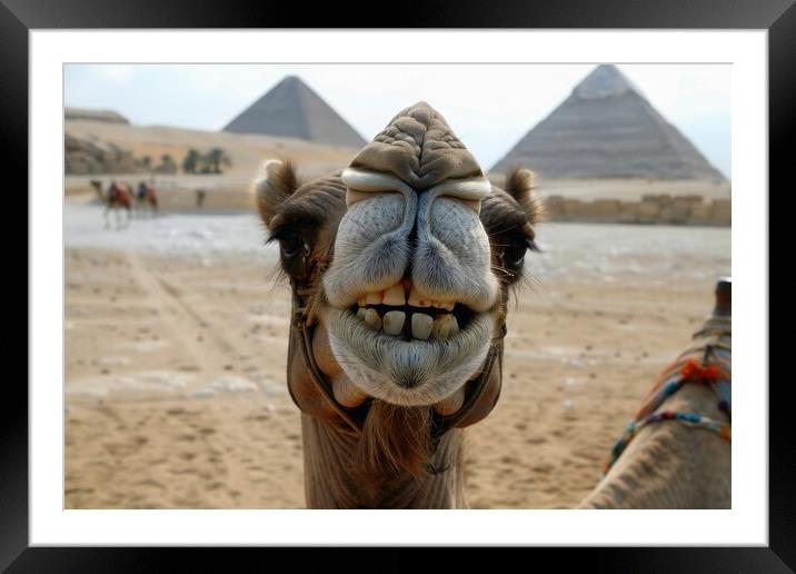 Close up of a funny camel with a pyramid and desert in the backg Framed Mounted Print by Michael Piepgras