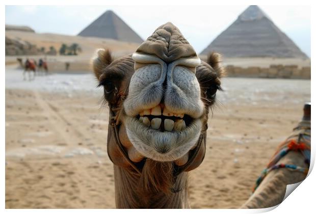 Close up of a funny camel with a pyramid and desert in the backg Print by Michael Piepgras