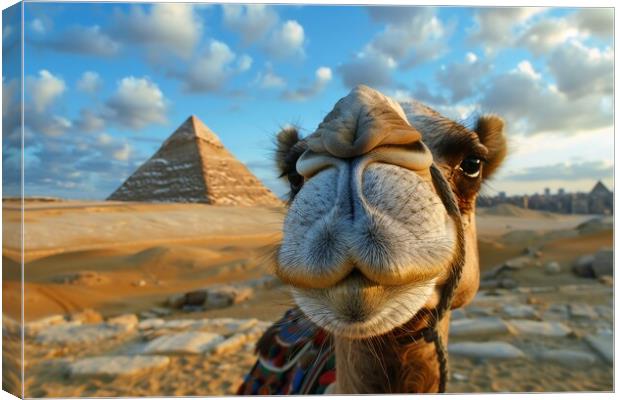 Close up of a funny camel with a pyramid and desert in the backg Canvas Print by Michael Piepgras