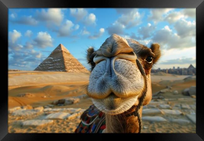 Close up of a funny camel with a pyramid and desert in the backg Framed Print by Michael Piepgras