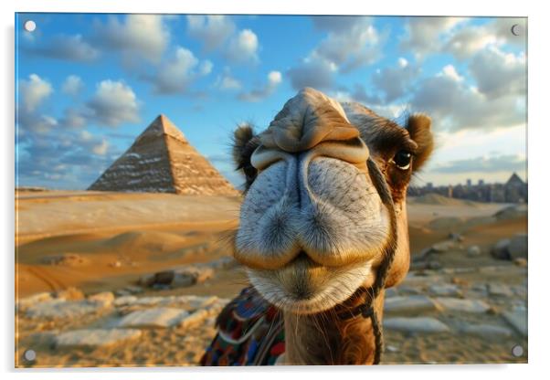 Close up of a funny camel with a pyramid and desert in the backg Acrylic by Michael Piepgras