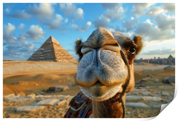Close up of a funny camel with a pyramid and desert in the backg Print by Michael Piepgras