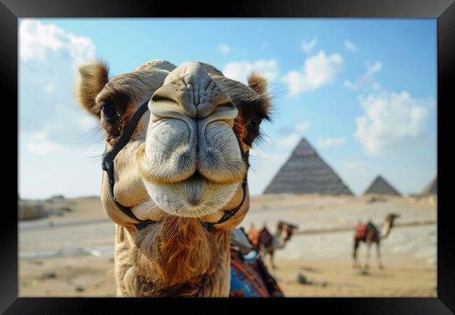 Close up of a funny camel with a pyramid and desert in the backg Framed Print by Michael Piepgras