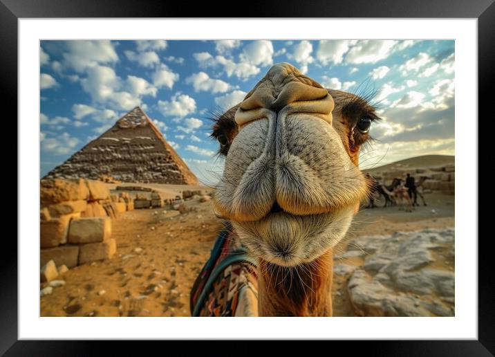 Close up of a funny camel with a pyramid and desert in the backg Framed Mounted Print by Michael Piepgras