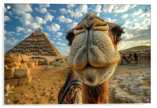 Close up of a funny camel with a pyramid and desert in the backg Acrylic by Michael Piepgras