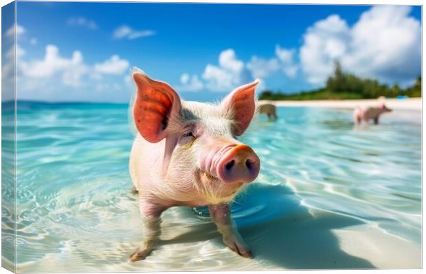 Happy pigs bathe in the ocean in a tropical paradise. Canvas Print by Michael Piepgras